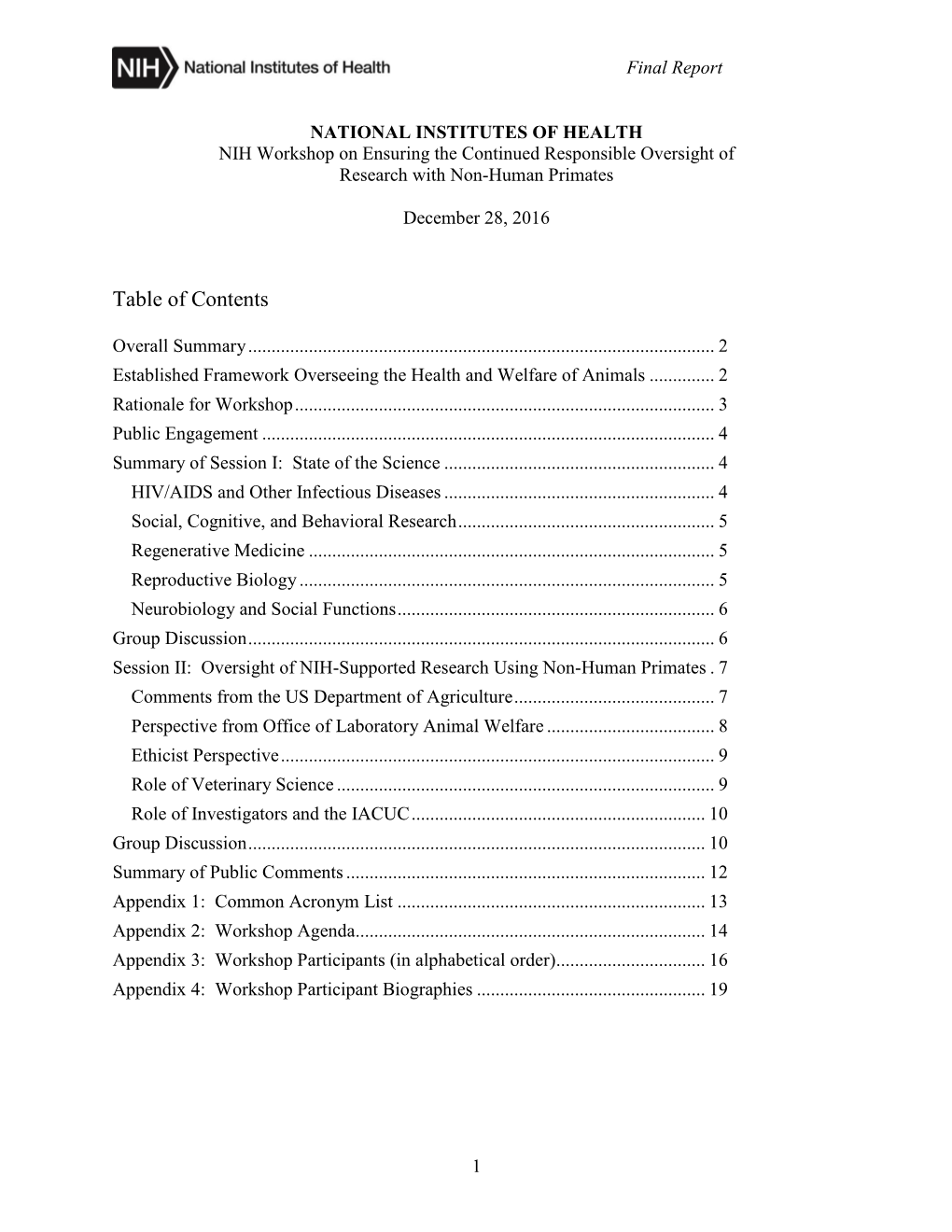 NIH Workshop on Ensuring the Continued Responsible Oversight of Research with Non-Human Primates