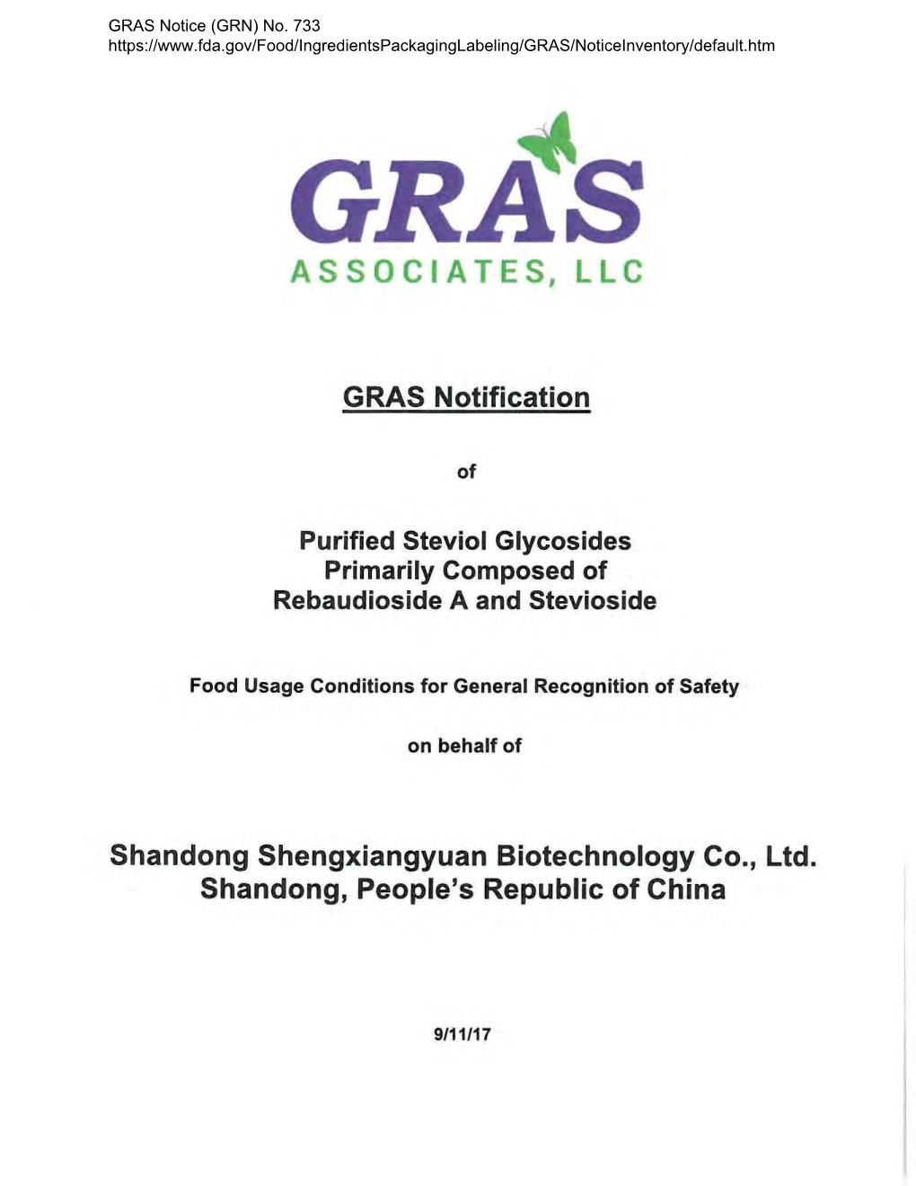 GRAS Notice 733 for Purified Steviol Glycosides Part 1
