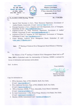 GODAVARI RIVER MANAGEMENT BOARD Minutes of 9Th Meeting Held on 5Th June, 2020 at Hyderabad