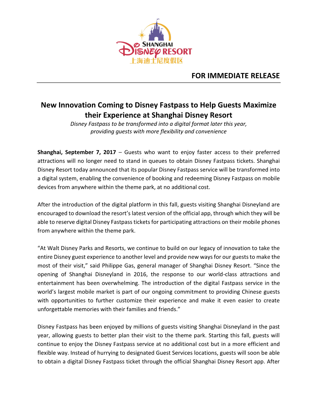 FOR IMMEDIATE RELEASE New Innovation Coming to Disney