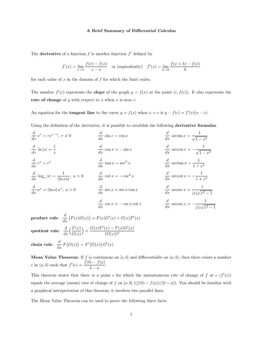 A Brief Summary of Differential Calculus the Derivative of A
