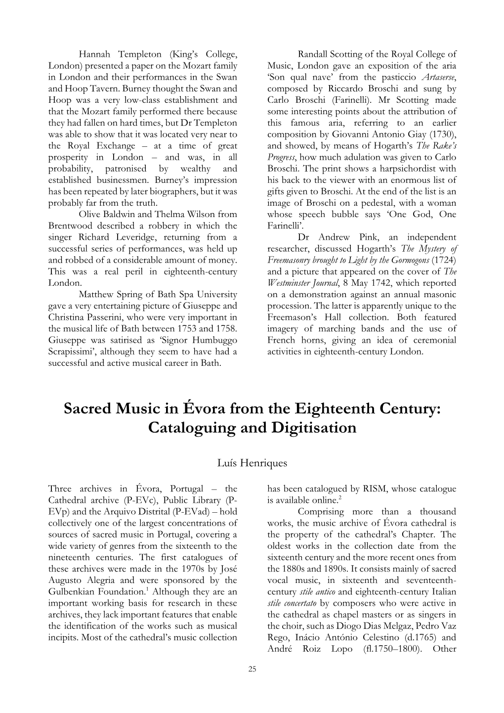 Sacred Music in Évora from the Eighteenth Century: Cataloguing and Digitisation