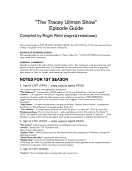 "The Tracey Ullman Show" Episode Guide Compiled by Roger Reini (Roger@Rreini.Com)