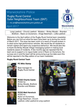 Warwickshire Police Rugby Rural Central Safer Neighbourhood Team (SNT)  Rrc.Snt@Warwickshire.Pnn.Police.Uk April 2017