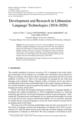 Development and Research in Lithuanian Language Technologies (2016-2020)