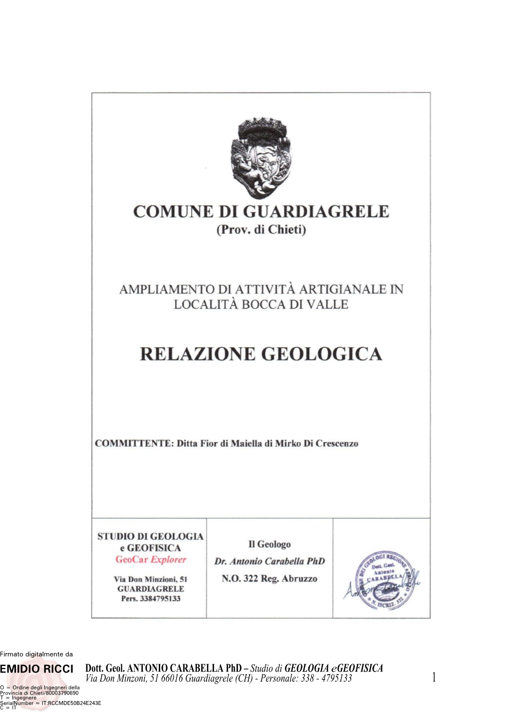 Dott. Geol. ANTONIO CARABELLA Phd –Studio Di GEOLOGIA