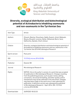 Diversity, Ecological Distribution and Biotechnological Potential of Actinobacteria Inhabiting Seamounts and Non-Seamounts in the Tyrrhenian Sea