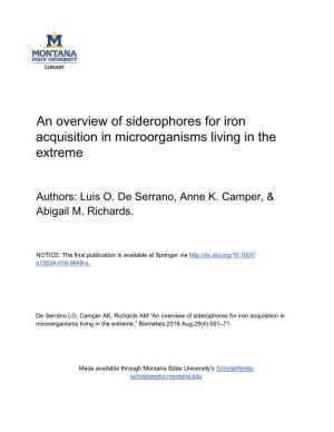 An Overview of Siderophores for Iron Acquisition in Microorganisms Living in the Extreme
