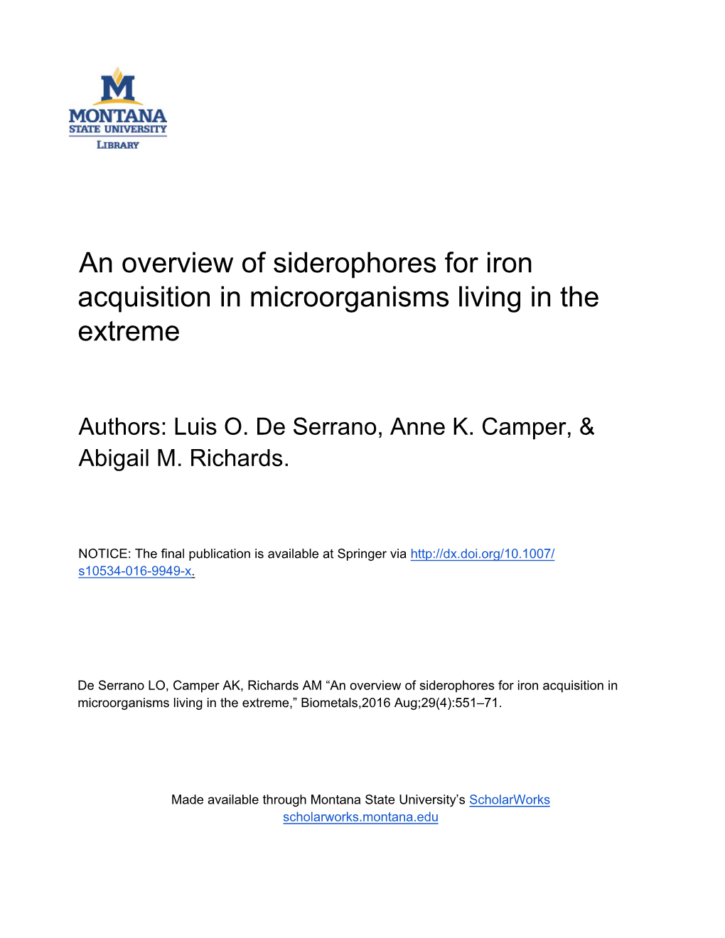An Overview of Siderophores for Iron Acquisition in Microorganisms Living in the Extreme