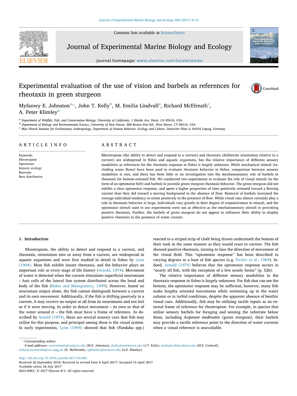 Experimental Evaluation of the Use of Vision and Barbels As References for Rheotaxis in Green Sturgeon