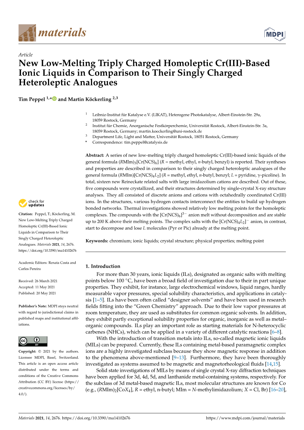 Based Ionic Liquids in Comparison to Their Singly Charged Heteroleptic Analogues