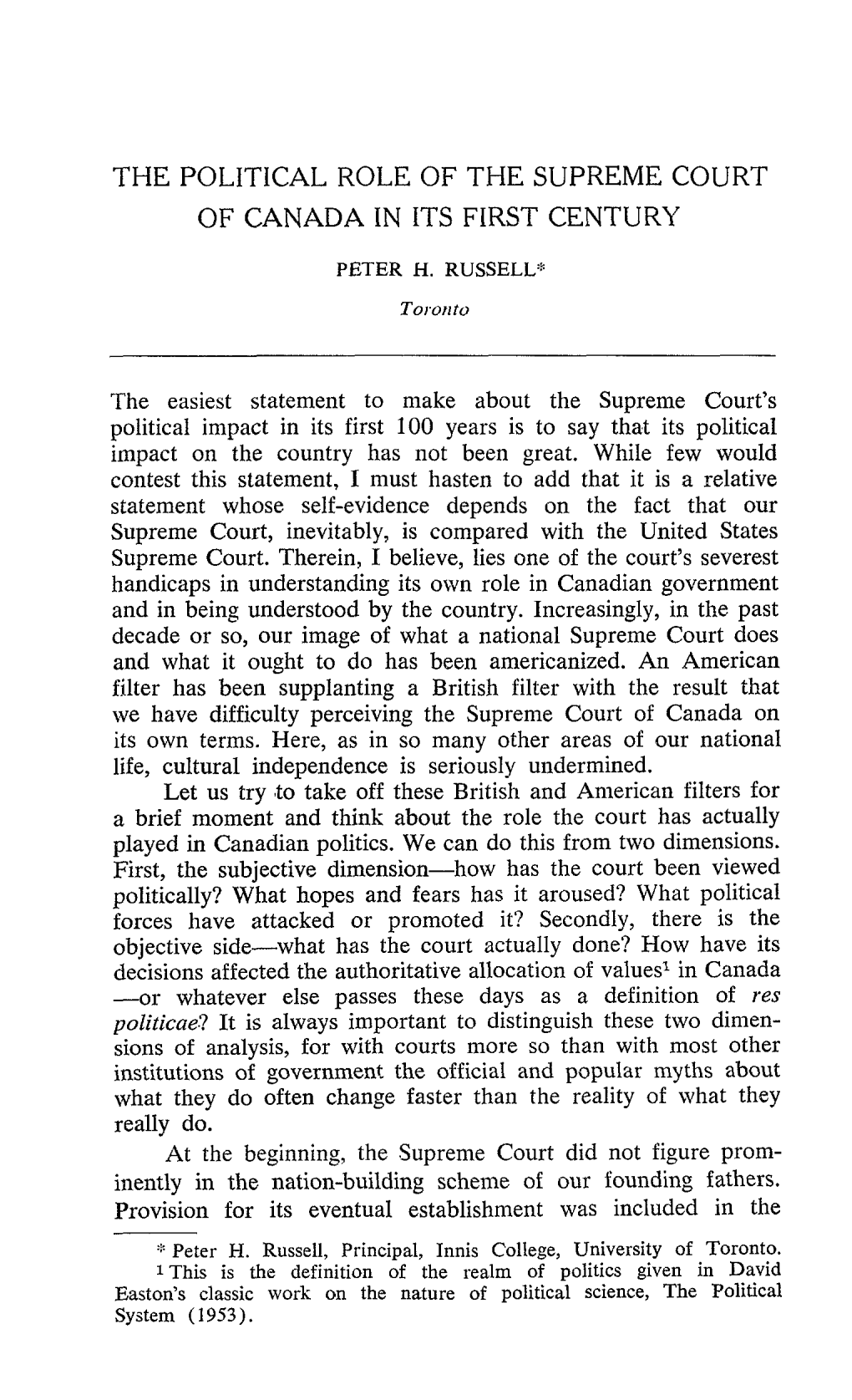 The Political Role of the Supreme Court of Canada in Its First Century