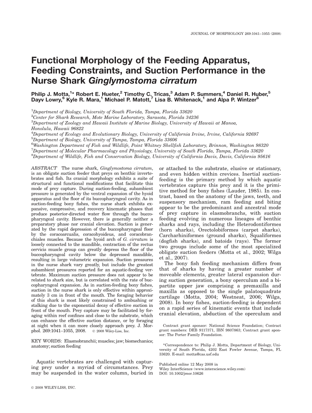 Functional Morphology of the Feeding Apparatus, Feeding Constraints, and Suction Performance in the Nurse Shark Ginglymostoma Cirratum