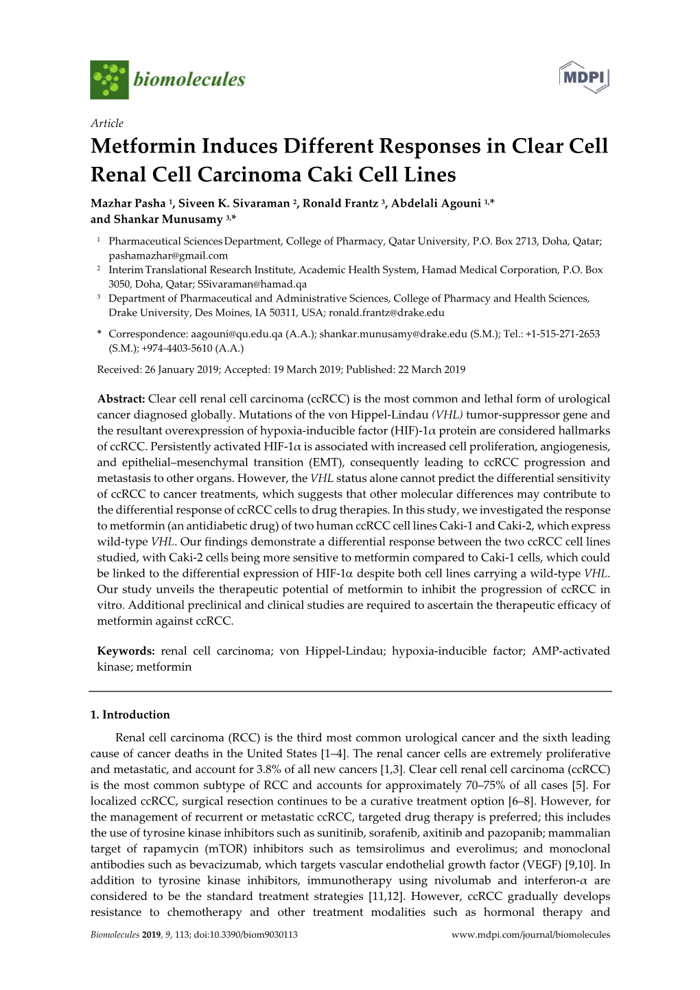 Metformin Induces Different Responses in Clear Cell Renal Cell Carcinoma Caki Cell Lines
