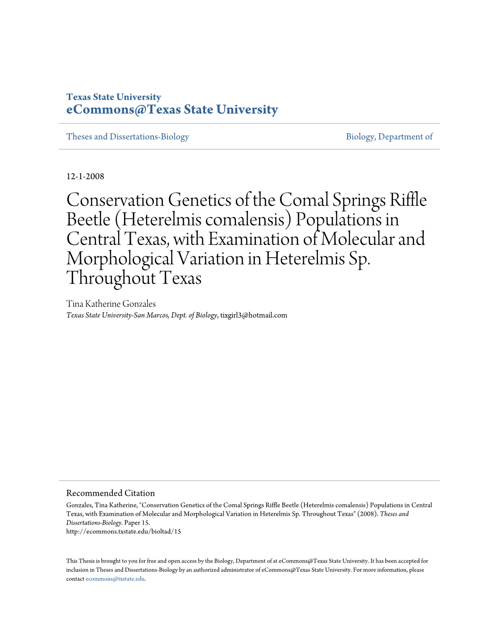 Conservation Genetics of the Comal Springs Riffle Beetle (Heterelmis