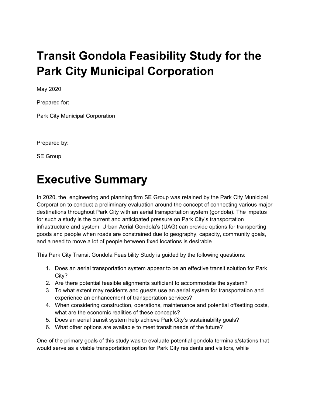 Transit Gondola Feasibility Study for the Park City Municipal Corporation
