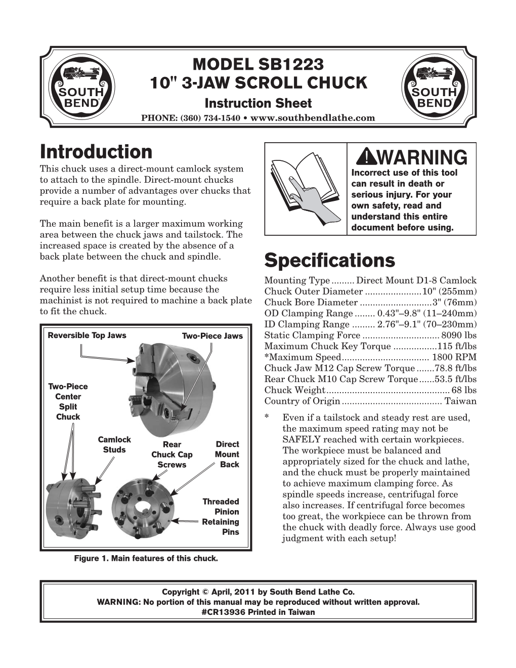 Model Sb1223 10" 3-Jaw Scroll Chuck
