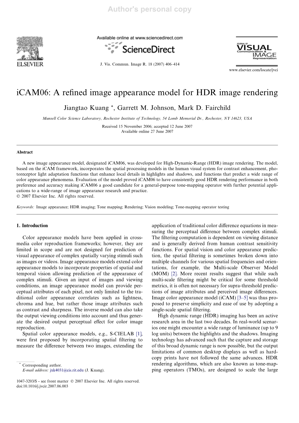 Icam06: a Refined Image Appearance Model for HDR Image Rendering