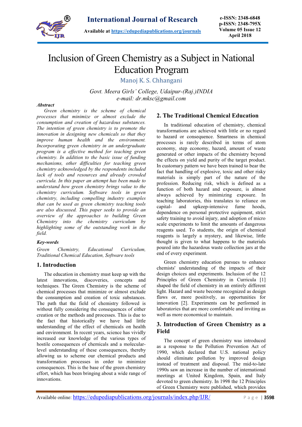 Inclusion of Green Chemistry As a Subject in National Education Program Manoj K