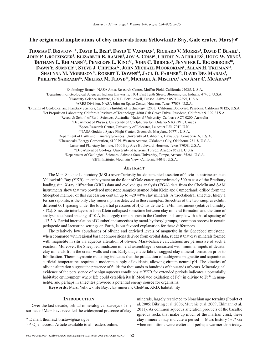 The Origin and Implications of Clay Minerals from Yellowknife Bay, Gale Crater, Mars†K