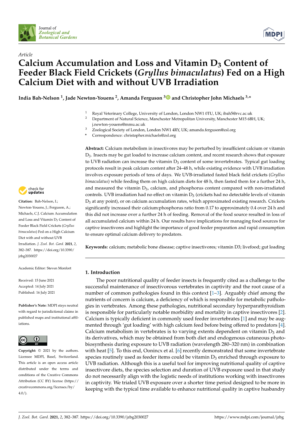 Gryllus Bimaculatus) Fed on a High Calcium Diet with and Without UVB Irradiation