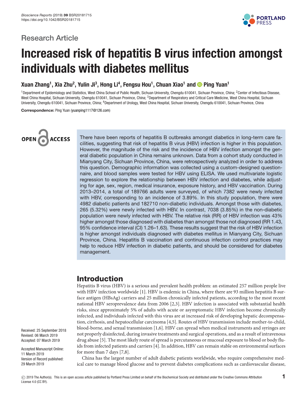 Increased Risk of Hepatitis B Virus Infection Amongst Individuals with Diabetes Mellitus