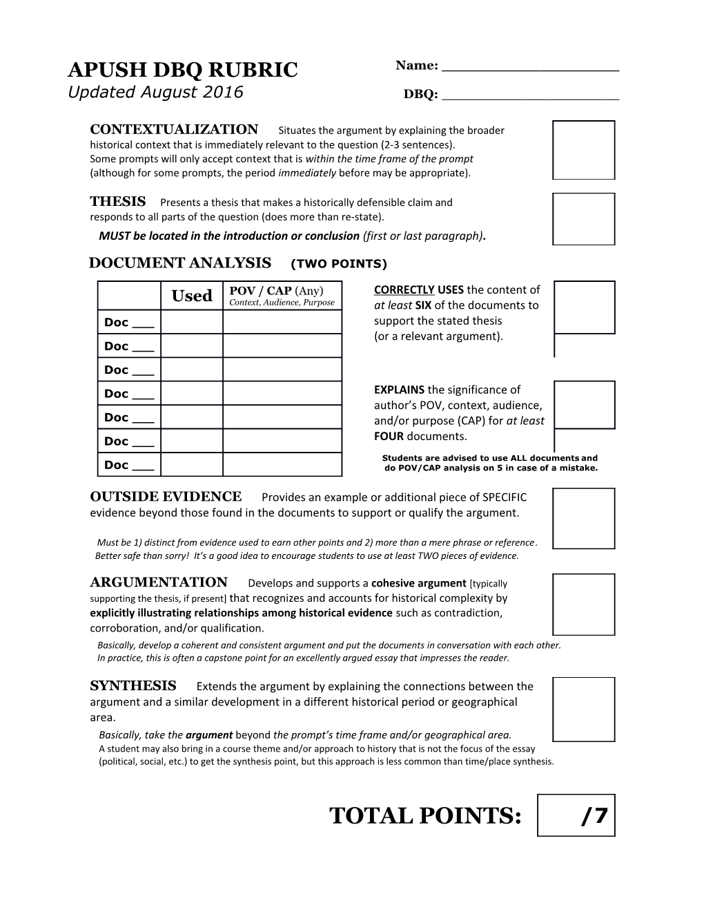 Apush Dbq Rubric - Revised Draft