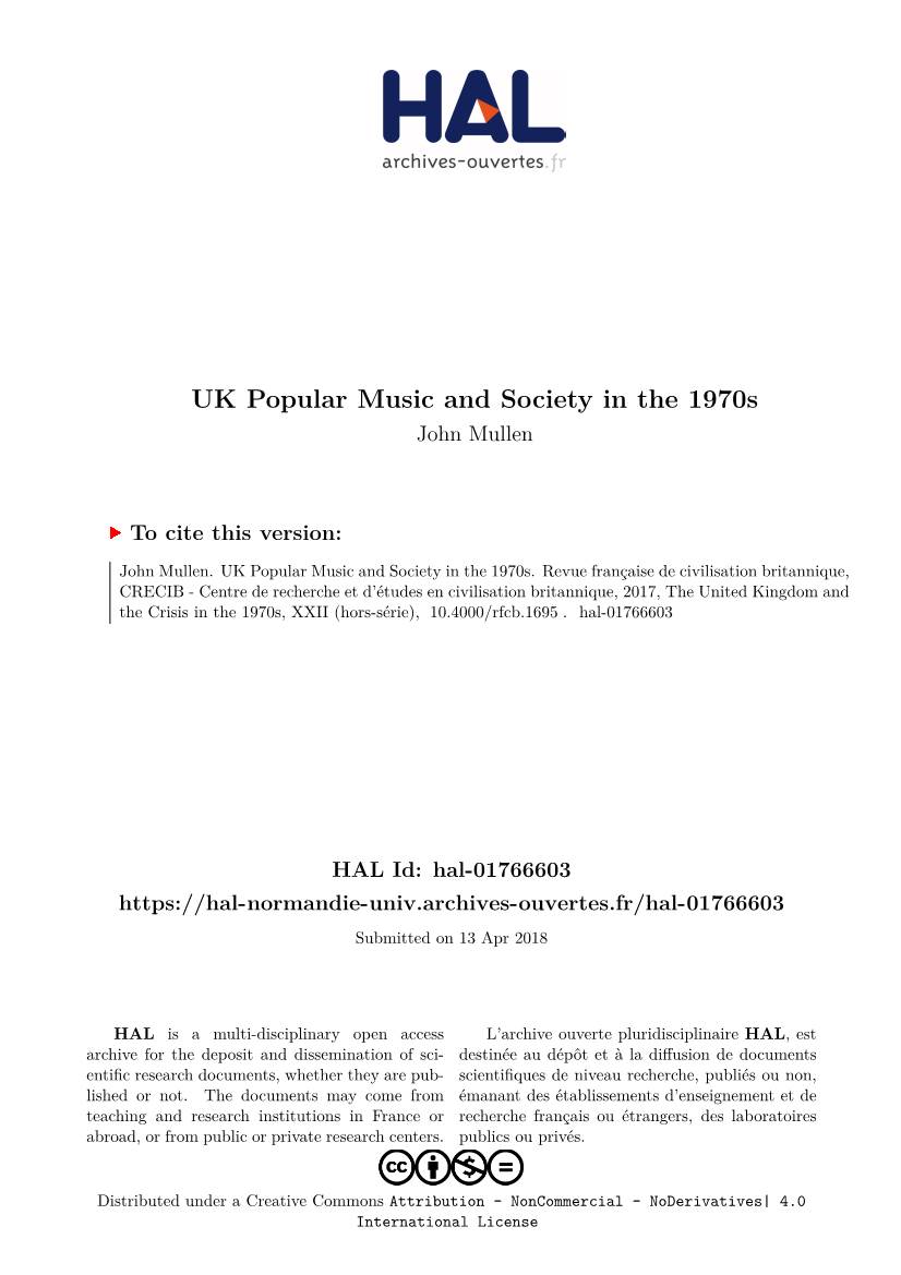 UK Popular Music and Society in the 1970S John Mullen
