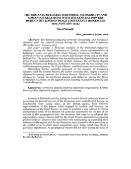 The Romania-Bulgaria Teritorial Incongruity and Romania's Relations with the Central Powers During the London Peace Conference (December 1912 - January 1913)