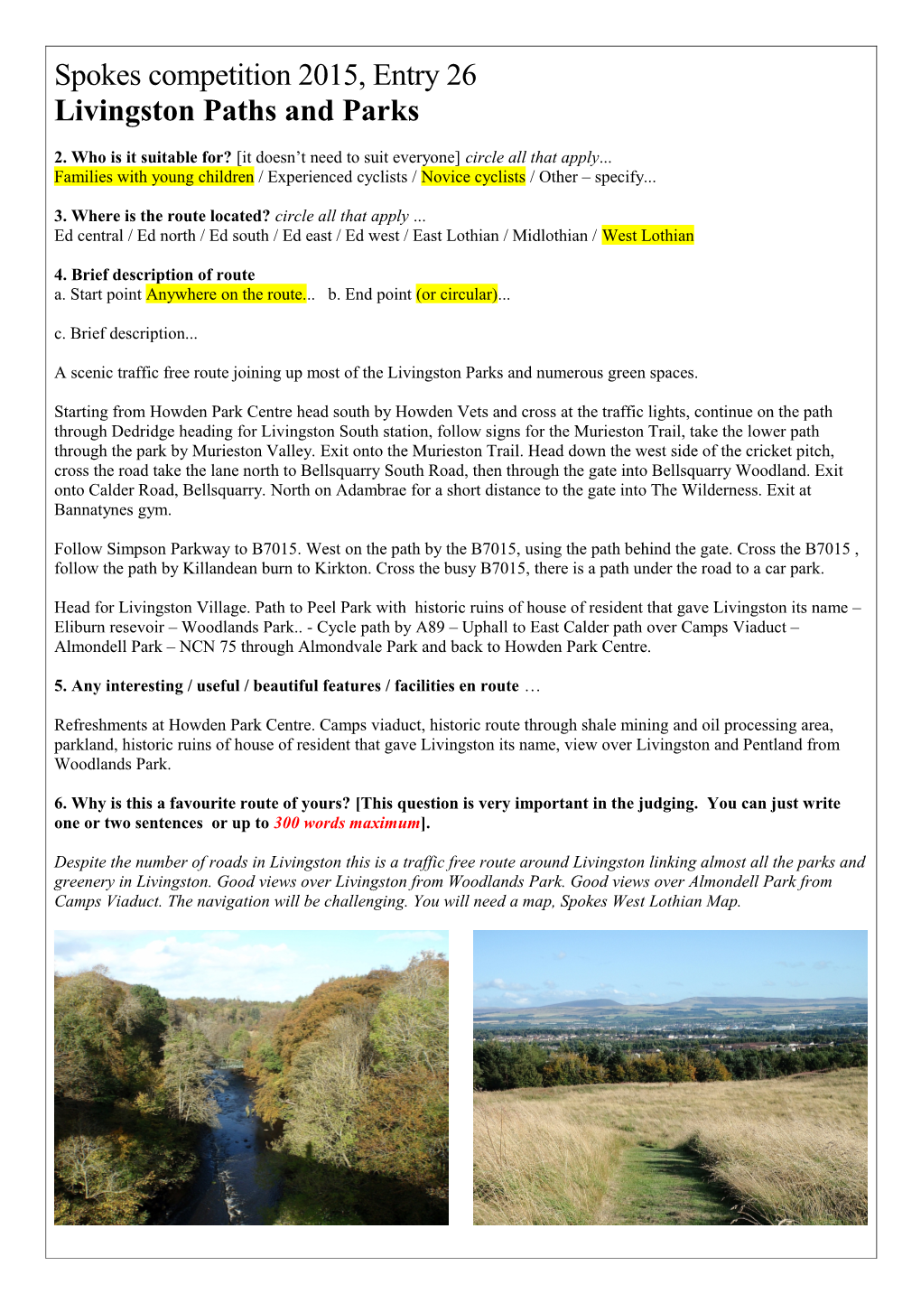 Spokes Competition 2015, Entry 26 Livingston Paths and Parks