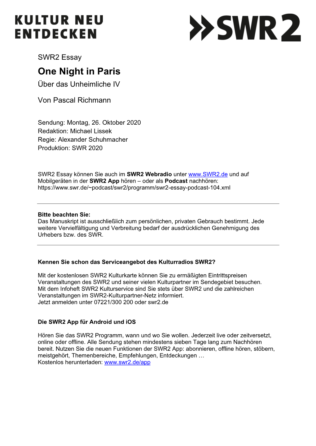 SWR2 Essay One Night in Paris Über Das Unheimliche IV