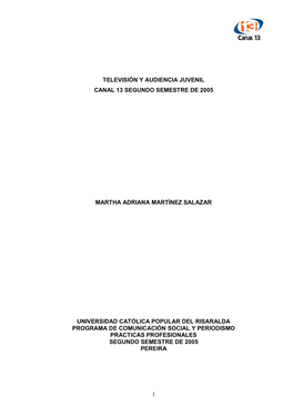 1 Televisión Y Audiencia Juvenil Canal 13 Segundo Semestre De 2005 Martha Adriana Martínez Salazar Universidad Católica Popu