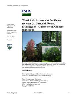 Weed Risk Assessment for Toona Sinensis (A. Juss.) M. Roem. (Meliaceae) – Chinese Toon/Chinese Mahogany