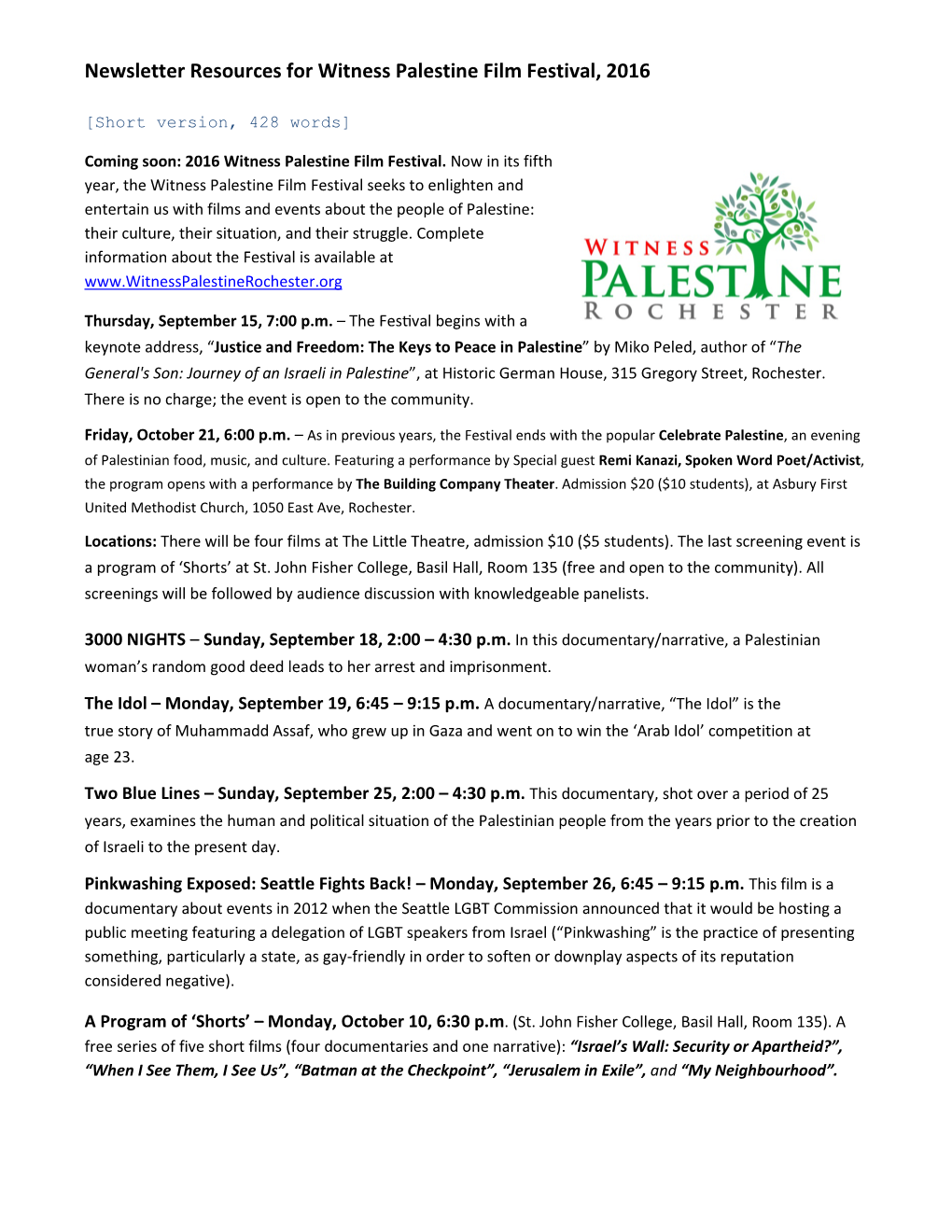 Newsletter Resources for Witness Palestine Film Festival, 2016