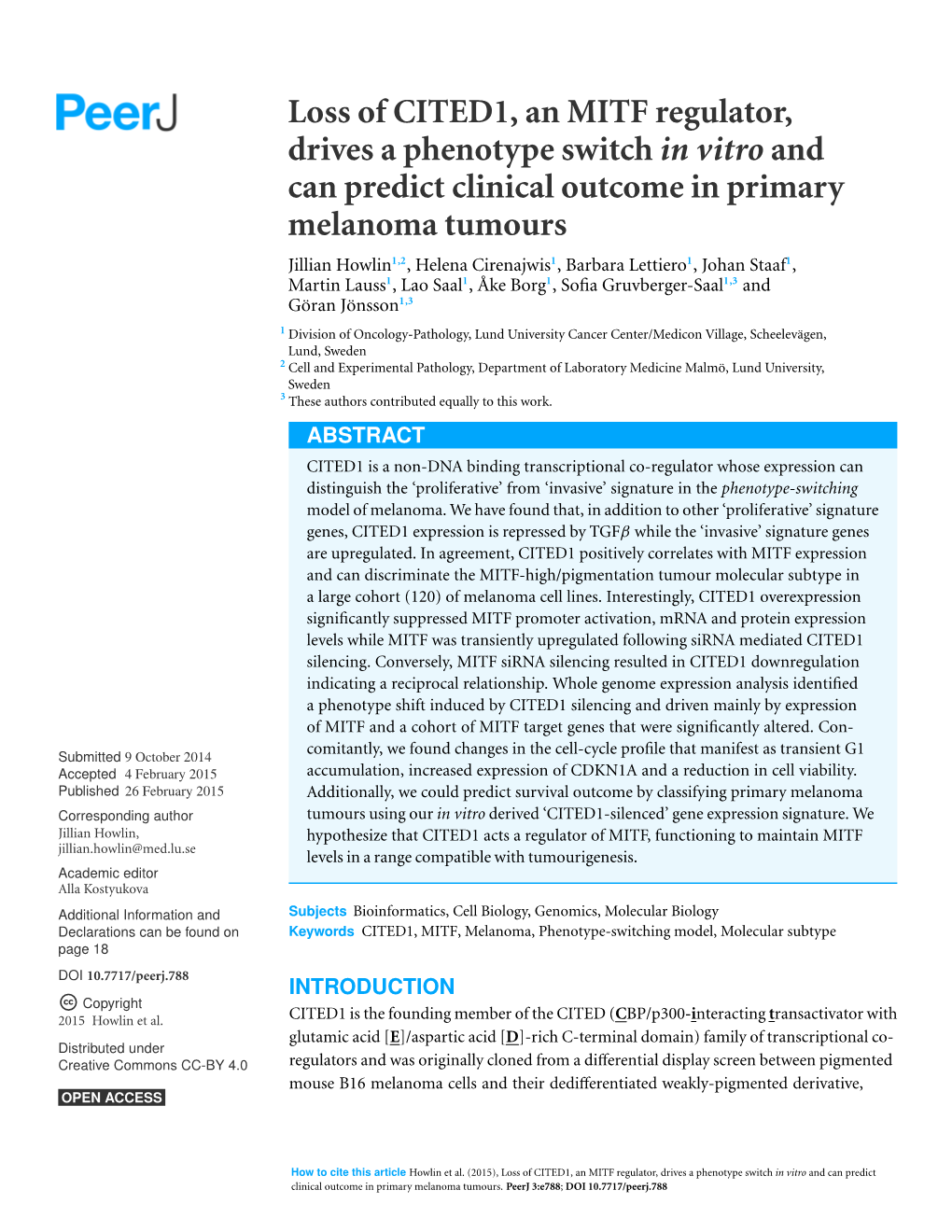 Loss of CITED1, an MITF Regulator, Drives a Phenotype Switch in Vitro