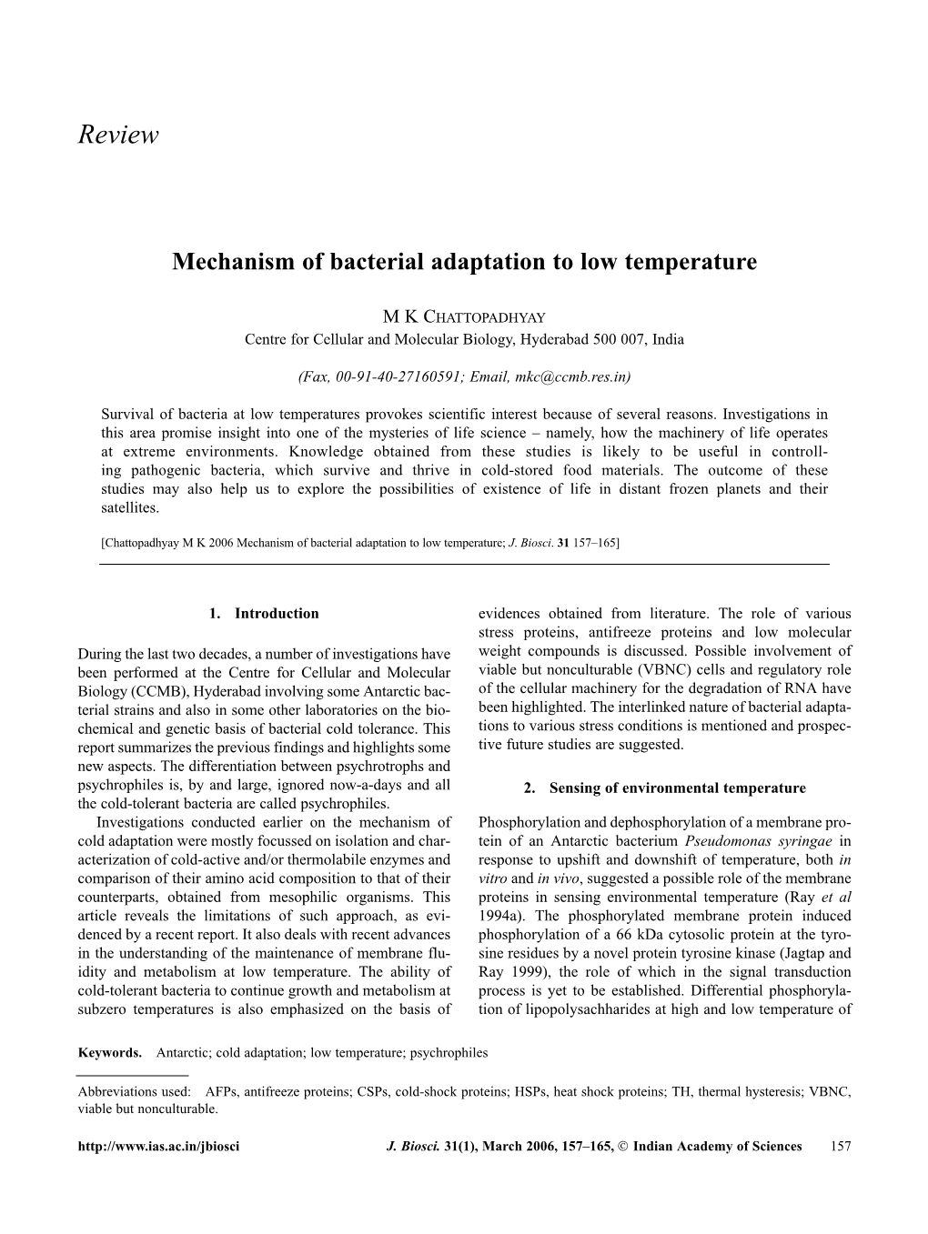 Mechanism of Bacterial Adaptation to Low Temperature