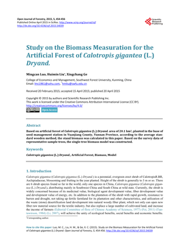 Study on the Biomass Measuration for the Artificial Forest of Calotropis Gigantea (L.) Dryand