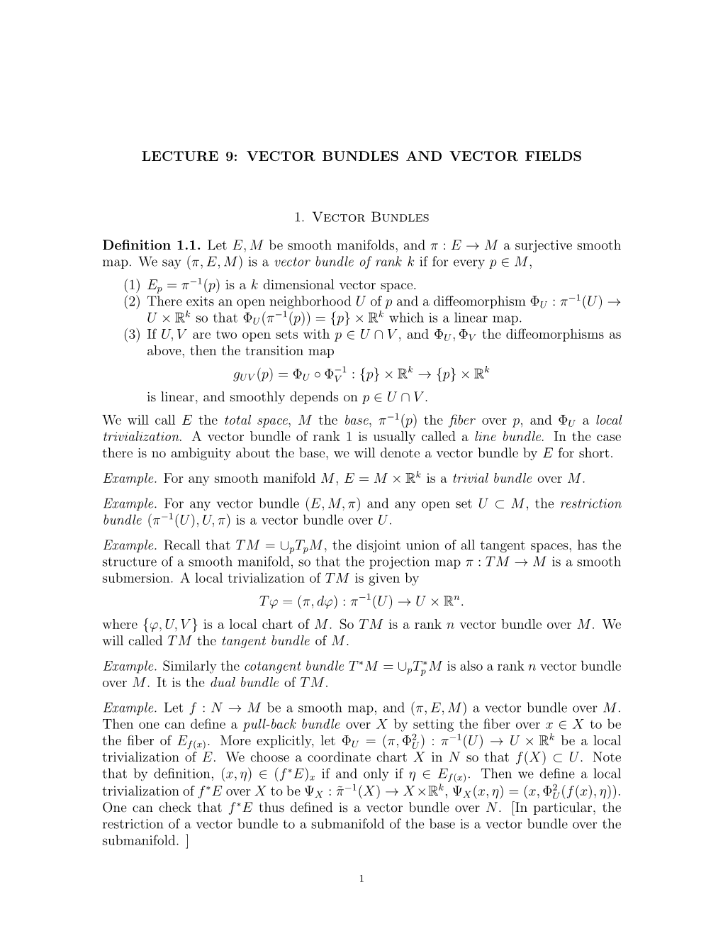 LECTURE 9: VECTOR BUNDLES and VECTOR FIELDS 1. Vector
