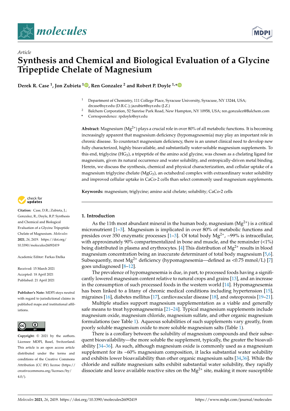 Synthesis and Chemical and Biological Evaluation of a Glycine Tripeptide Chelate of Magnesium