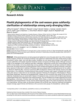 Plastid Phylogenomics of the Cool-Season Grass Subfamily: Clariﬁcation of Relationships Among Early-Diverging Tribes