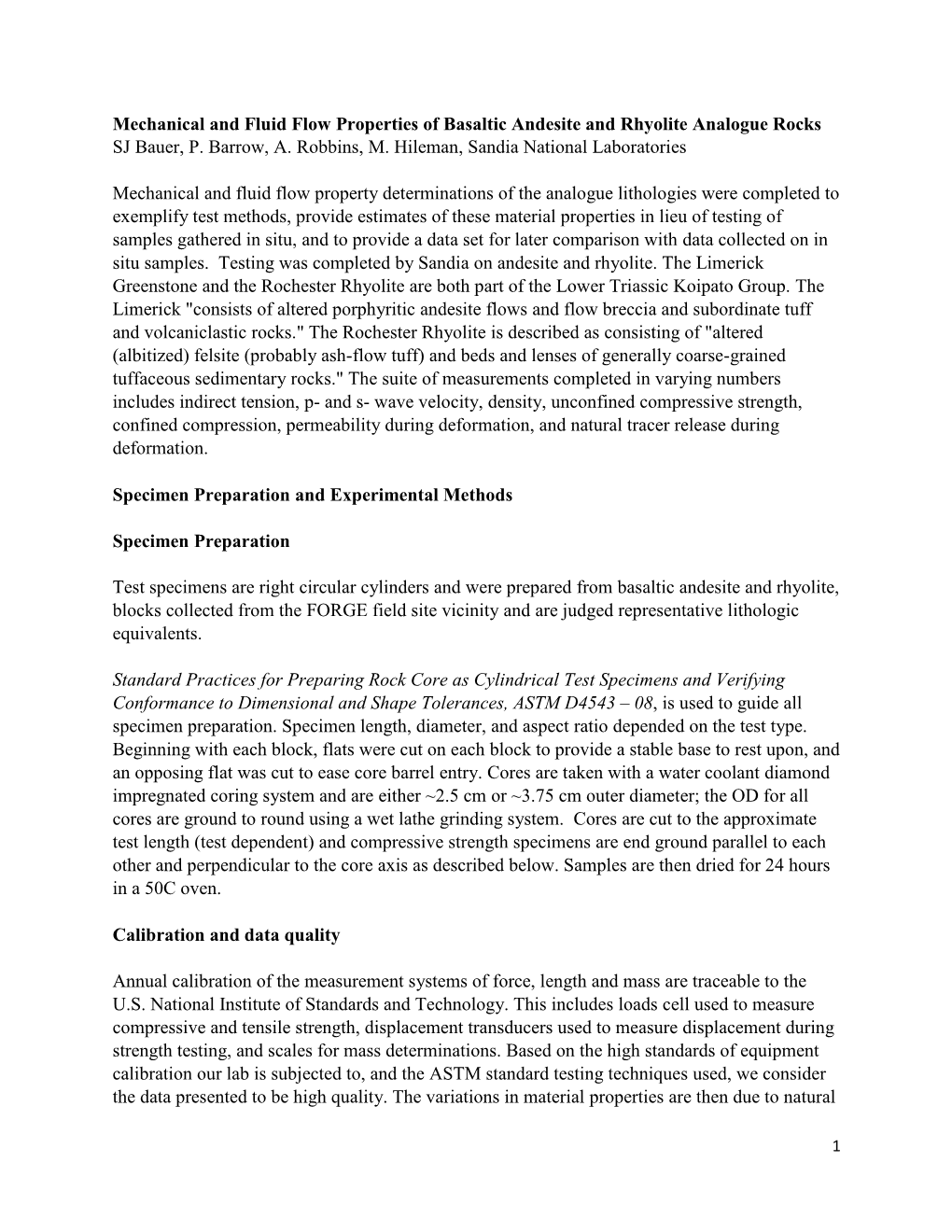 Mechanical and Fluid Flow Properties of Basaltic Andesite and Rhyolite Analogue Rocks SJ Bauer, P