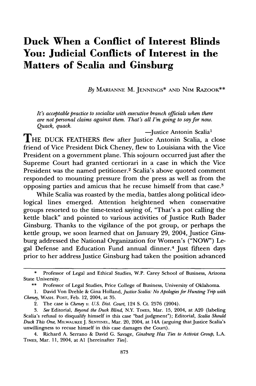 Duck When a Conflict of Interest Blinds You: Judicial Conflicts of Interest in the Matters of Scalia and Ginsburg