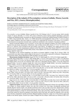 Description of the Tadpole of Proceratophrys Carranca Godinho, Moura, Lacerda and Feio, 2013, (Anura, Odontophrynidae)