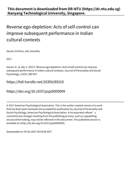 Reverse Ego‑Depletion: Acts of Self‑Control Can Improve Subsequent Performance in Indian Cultural Contexts