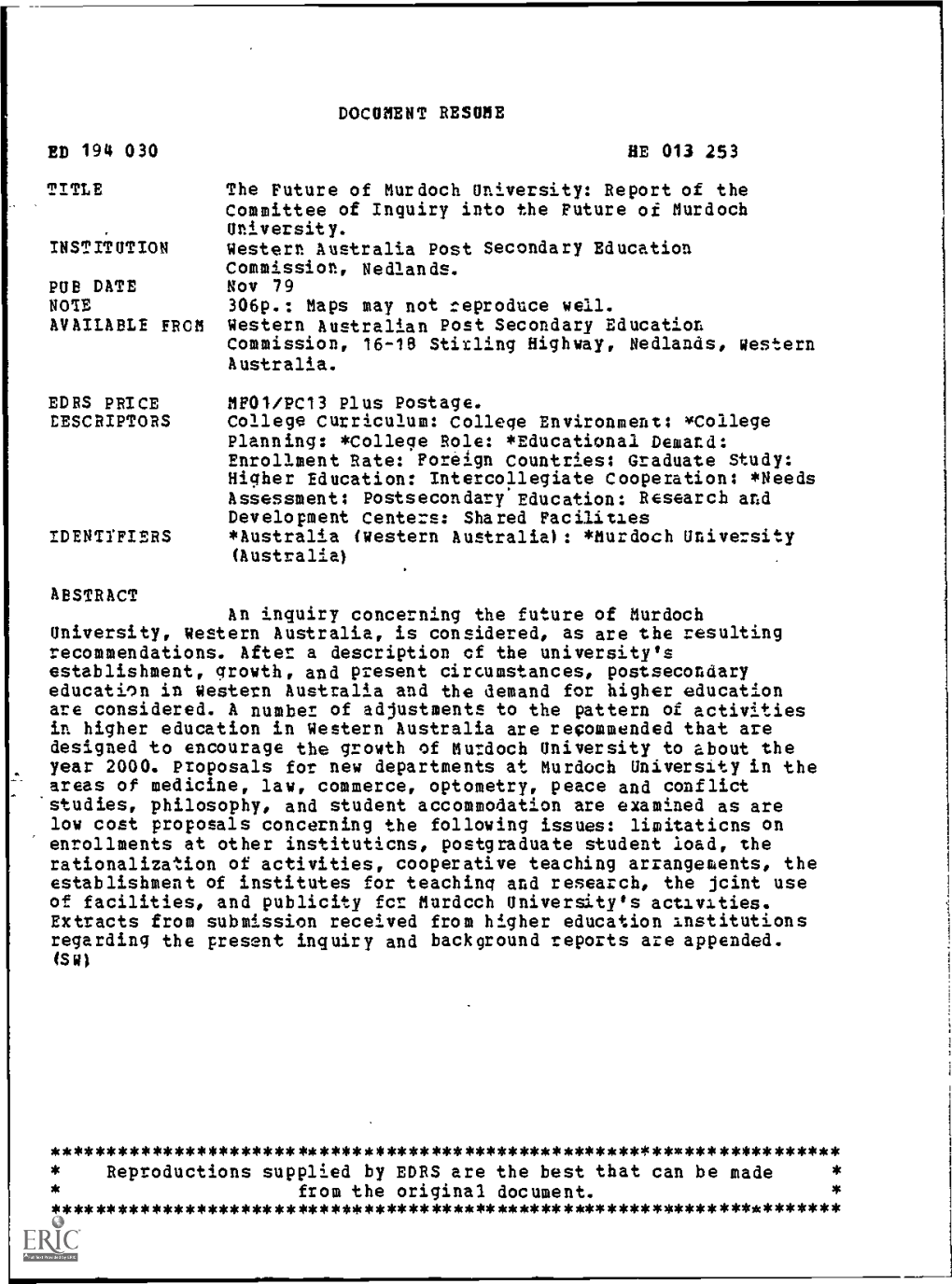 Report of the Committee of Inquiry Into the Future of Murdoch Nov 79