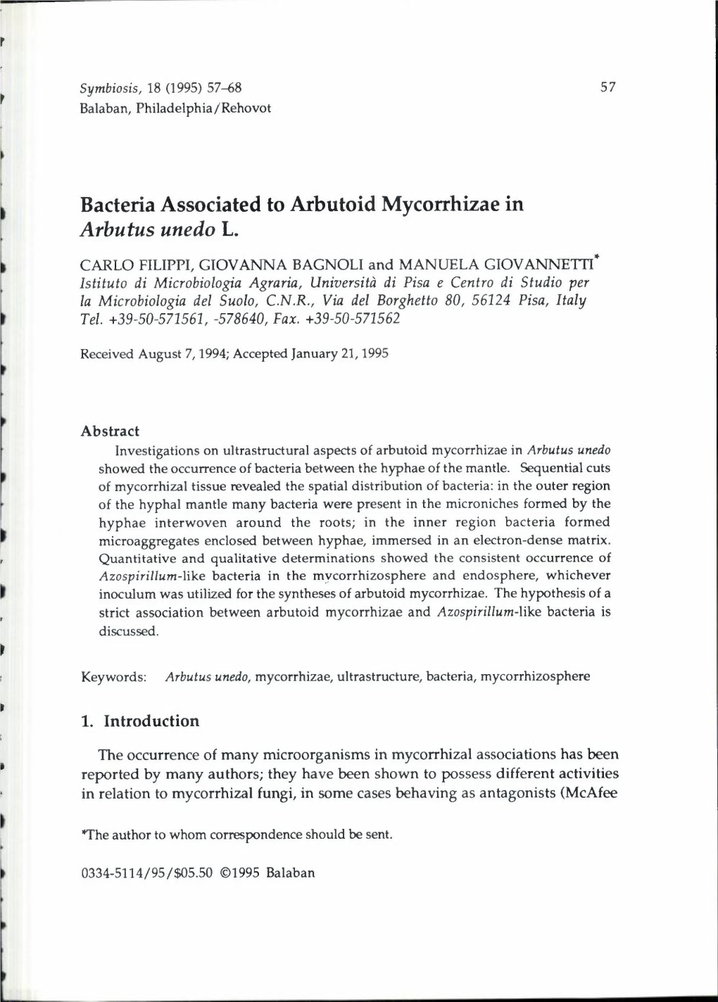 Bacteria Associated to Arbutoid Mycorrhizae in Arbutus Unedo L