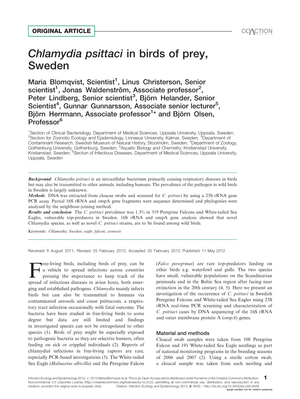 Chlamydia Psittaci in Birds of Prey, Sweden
