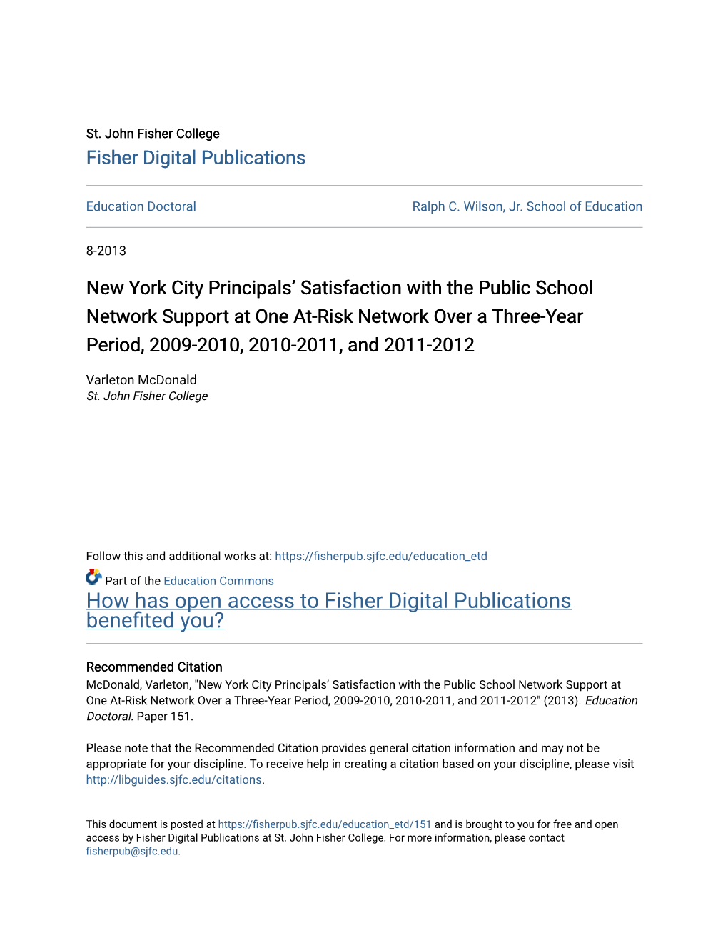 New York City Principals' Satisfaction with the Public School Network