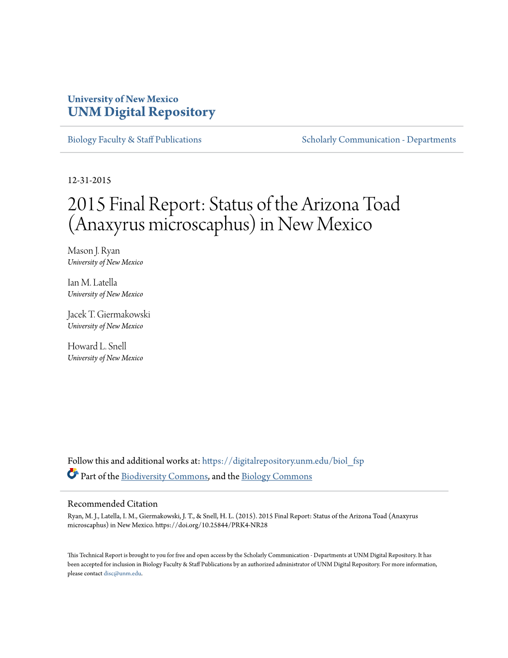 Status of the Arizona Toad (Anaxyrus Microscaphus) in New Mexico Mason J