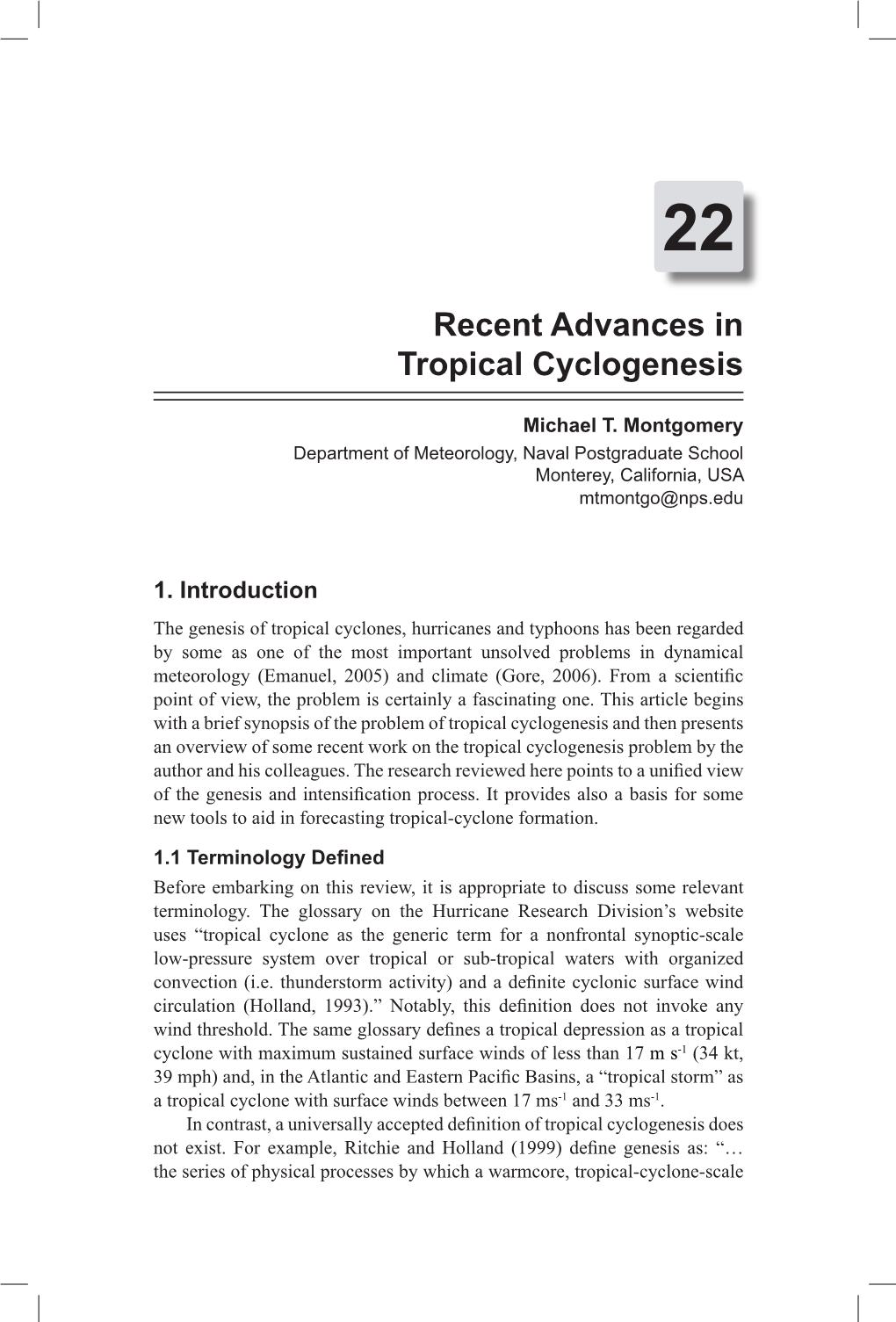 Recent Advances in Tropical Cyclogenesis